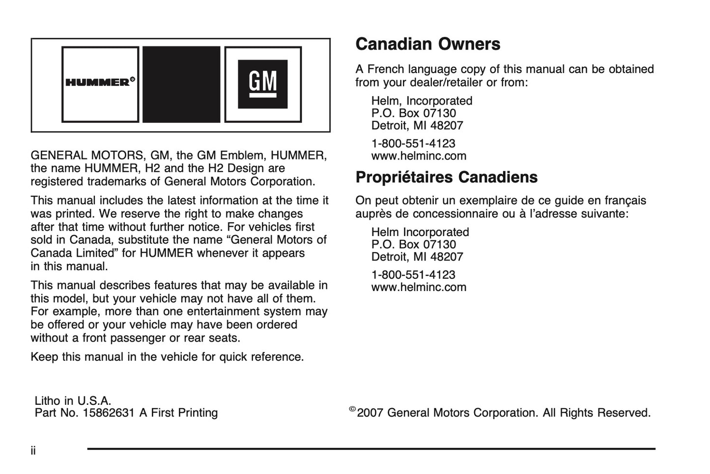 2008 Hummer H2 Owner's Manual | English