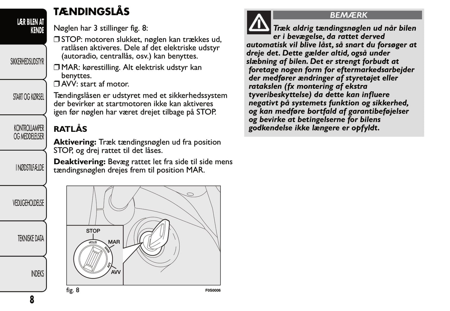 2007-2014 Fiat 500 Owner's Manual | Danish