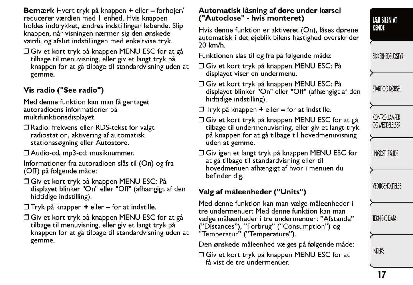 2007-2014 Fiat 500 Owner's Manual | Danish