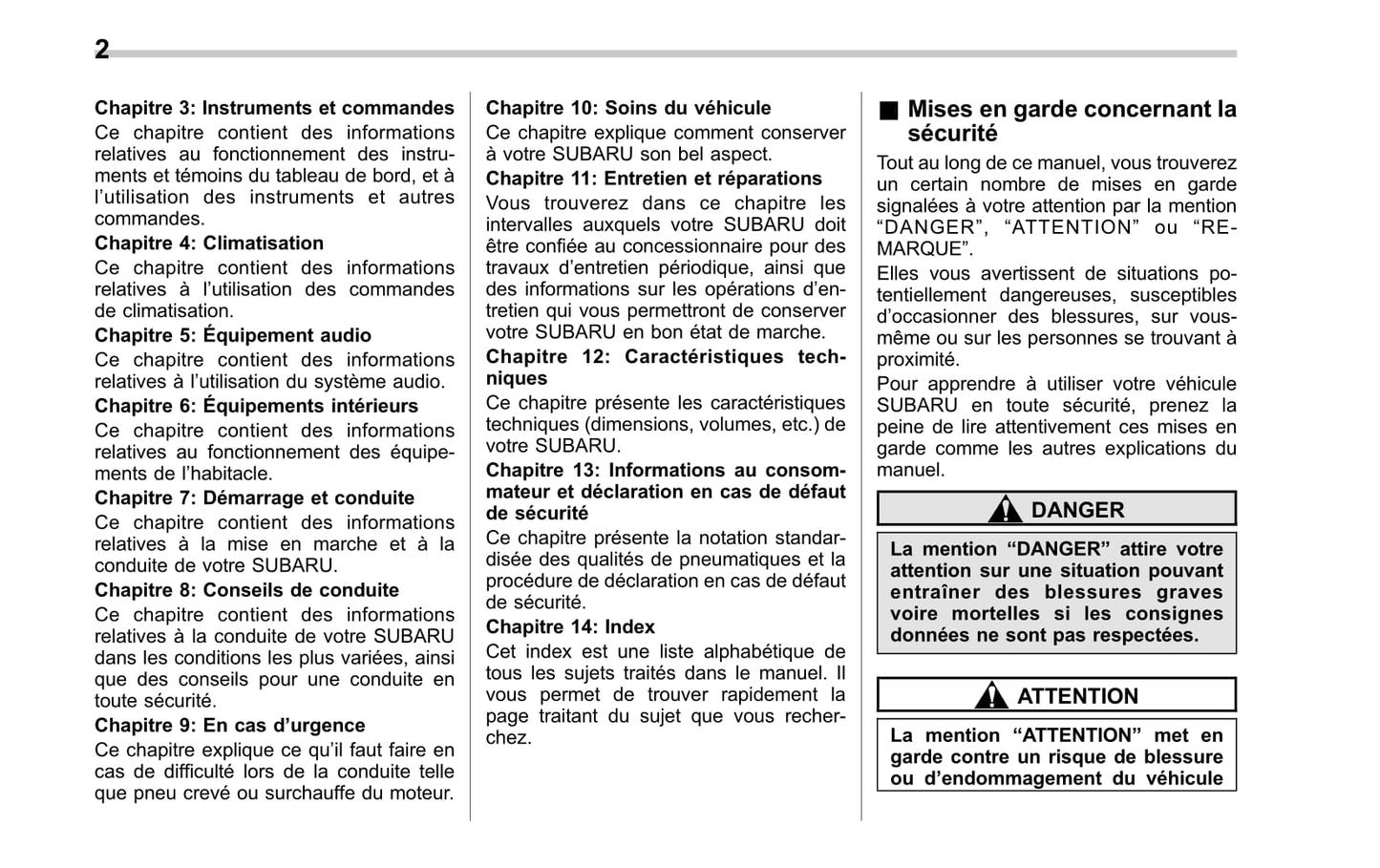 2010 Subaru Impreza Owner's Manual | French