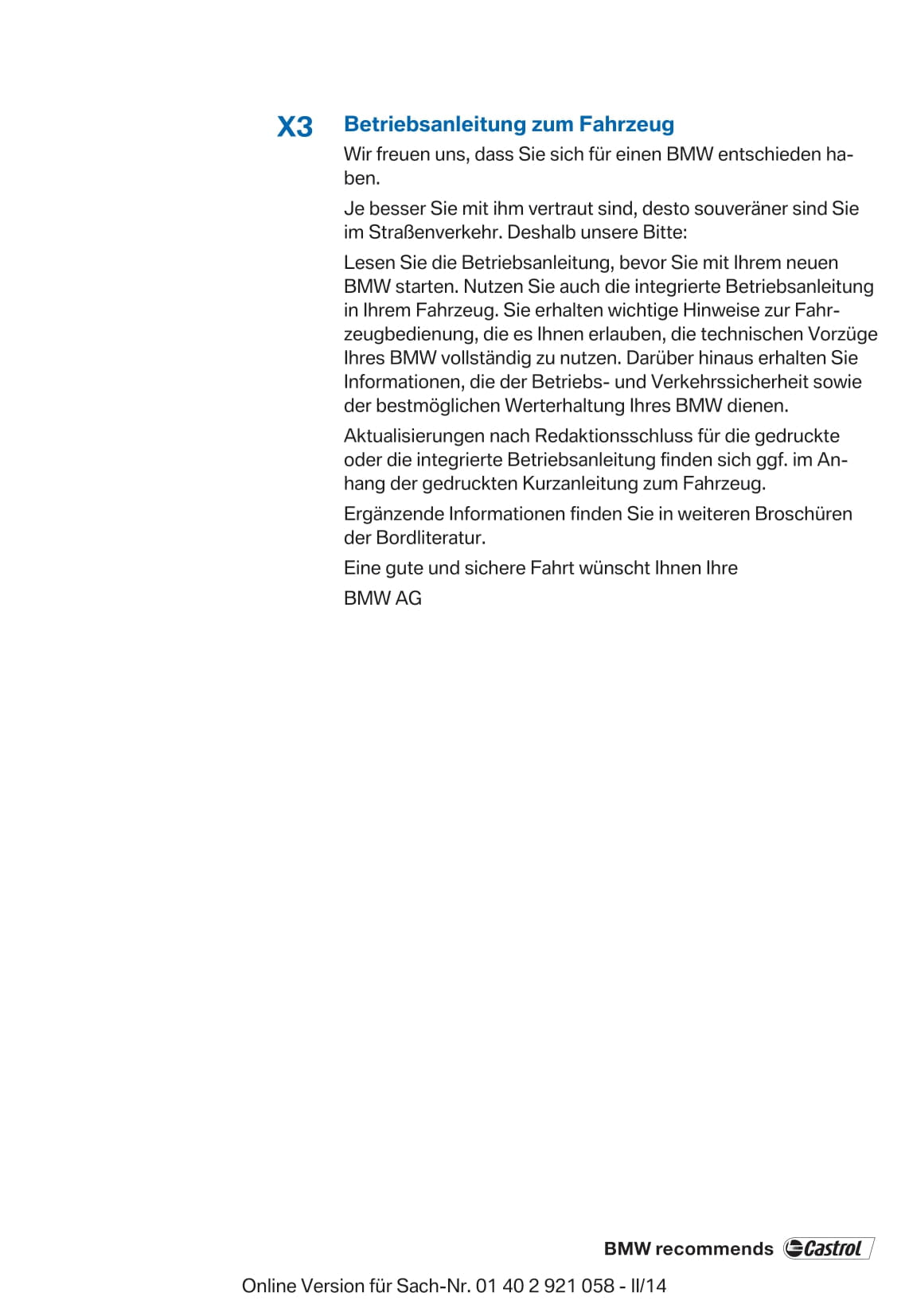 2014 BMW X3 Owner's Manual | German