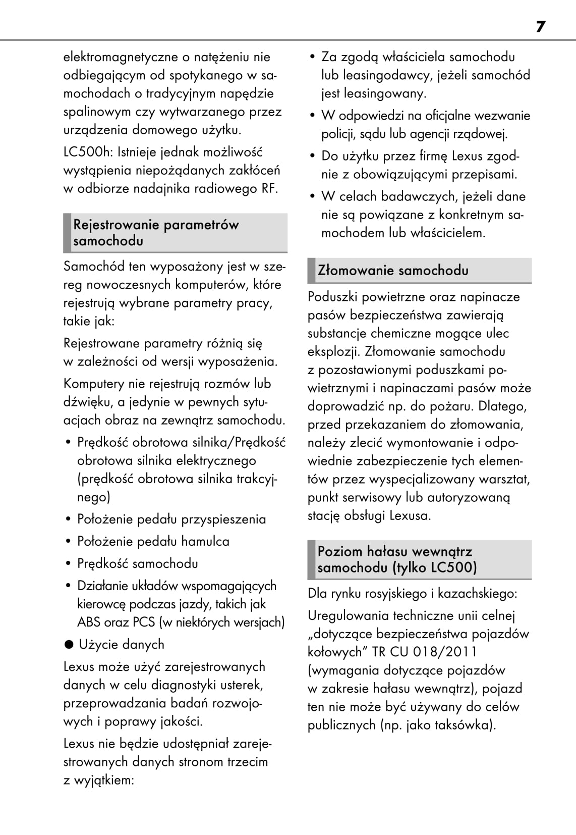 2018-2019 Lexus LC 500/LC 500h Owner's Manual | Polish