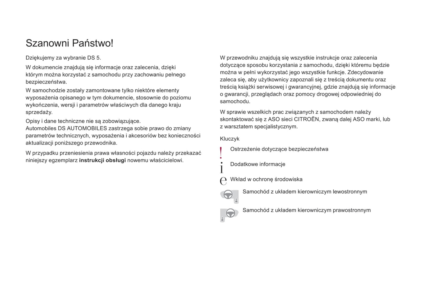 2016-2018 DS Automobiles DS 5 Owner's Manual | Polish