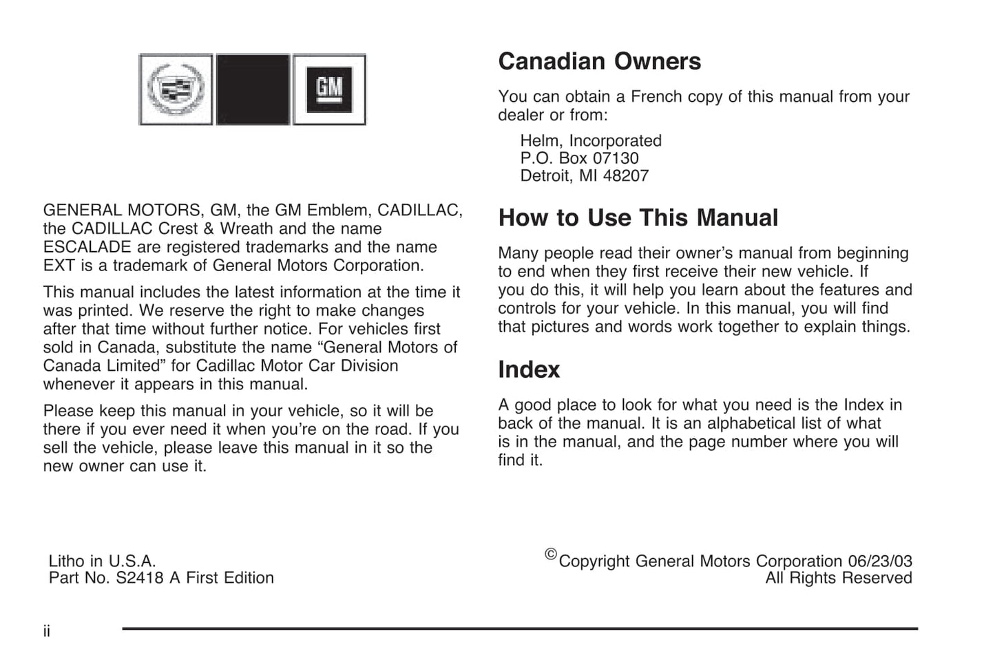 2004 Cadillac Escalade EXT Manuel du propriétaire | Anglais