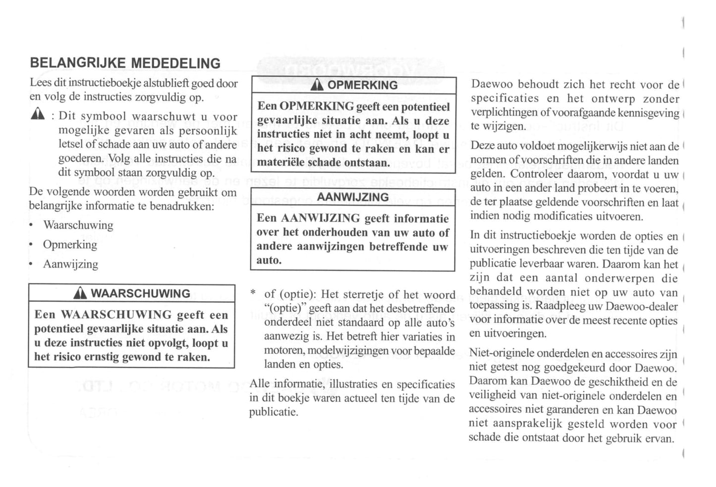 2000-2004 Daewoo Tacuma Owner's Manual | Dutch