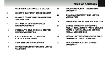 2016 Nissan GT-R Warranty Information Booklet | English