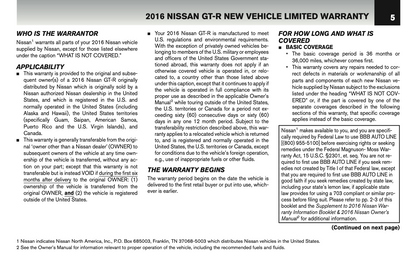 2016 Nissan GT-R Warranty Information Booklet | English