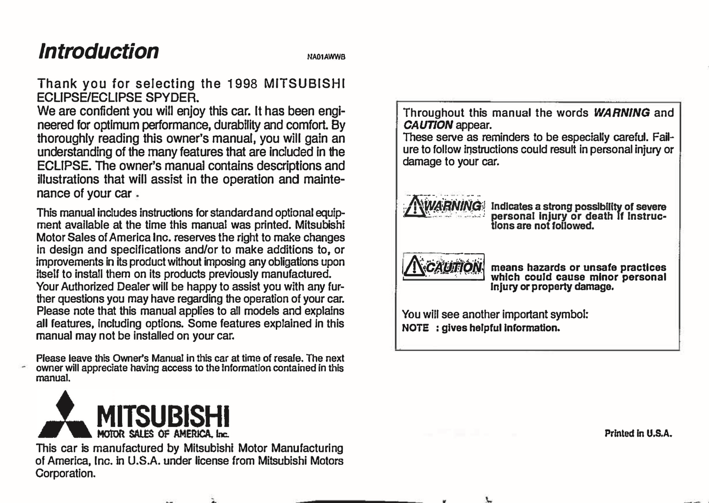 1998 Mitsubishi Eclipse Owner's Manual | English