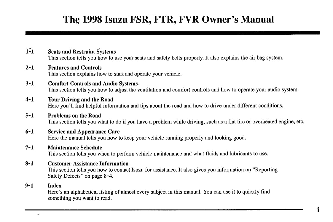 1998 Isuzu FSR / FTR / FVR Manuel du propriétaire | Anglais