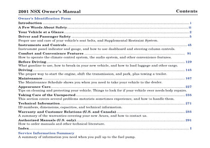 2001 Acura NSX Owner's Manual | English