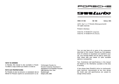 1983 Porsche 911 Turbo Manuel du propriétaire | Anglais