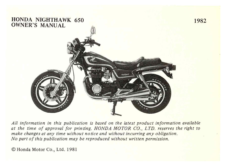 1982 Honda Nighthawk 650 Manuel du propriétaire | Anglais