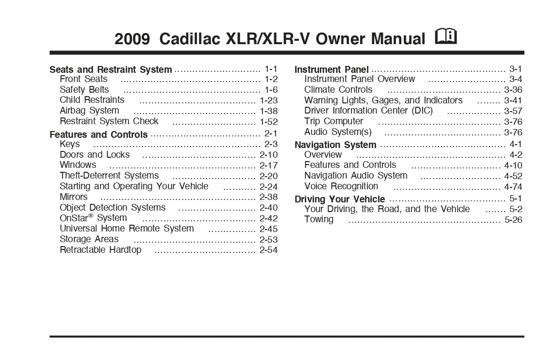 2009 Cadillac XLR / XLR-V Owner's Manual | English