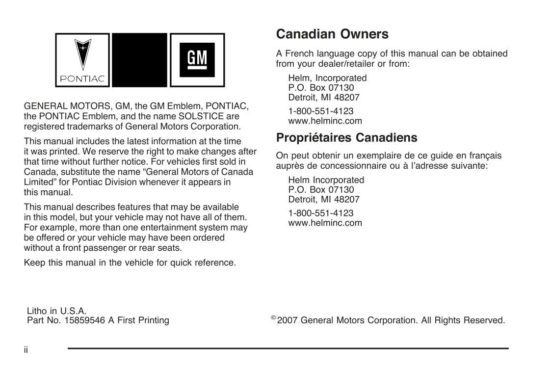 2008 Pontiac Solstice Manuel du propriétaire | Anglais