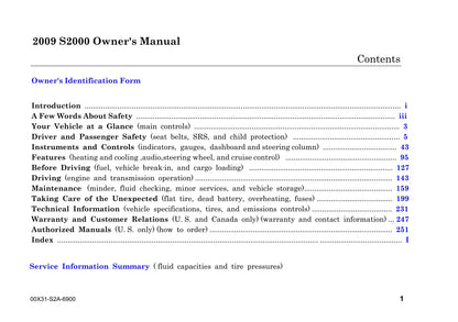 2009 Honda S2000 Owner's Manual | English