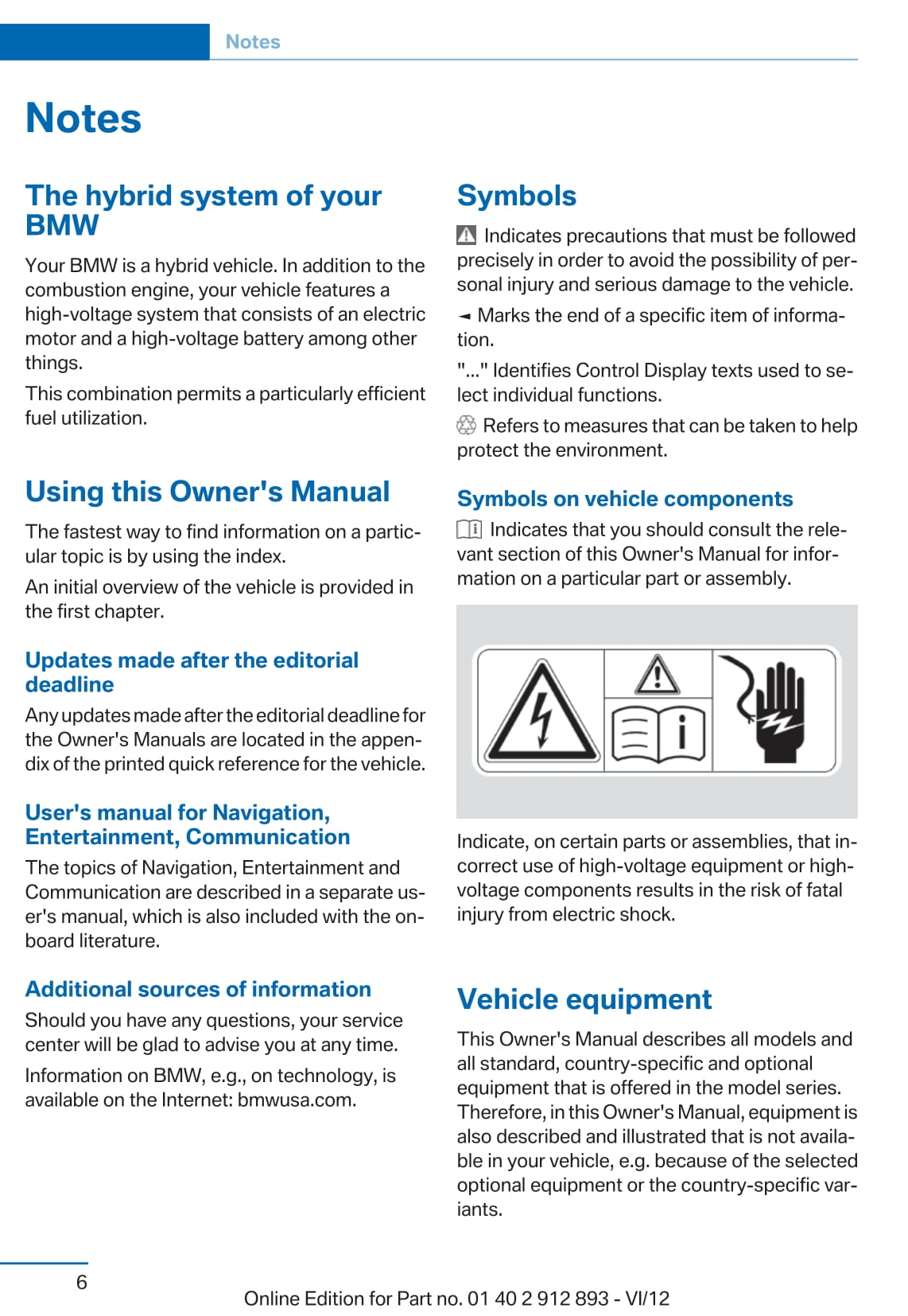 2012 BMW 7 Series/ActiveHybrid 7 Owner's Manual | English