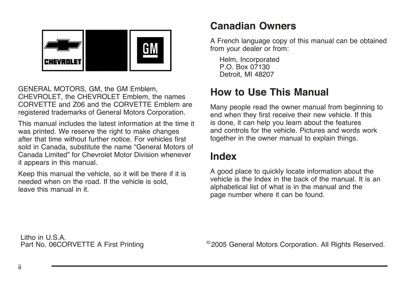 2006 Chevrolet Corvette Owner's Manual | English