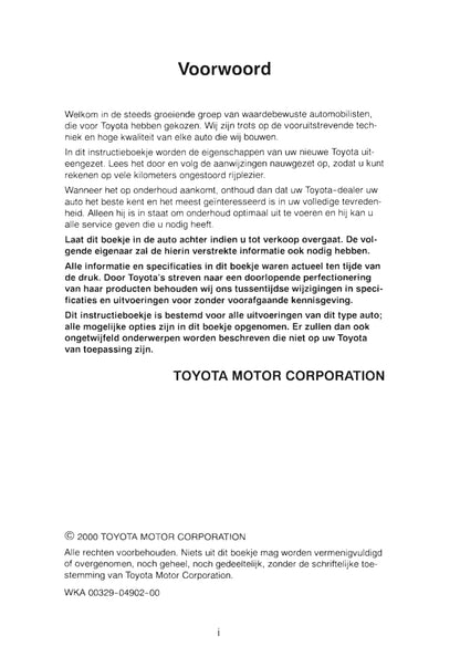 2000-2001 Toyota Yaris Verso Owner's Manual | Dutch