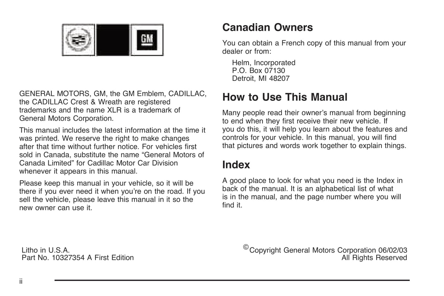 2004 Cadillac XLR Manuel du propriétaire | Anglais