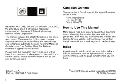 2004 Cadillac XLR Manuel du propriétaire | Anglais