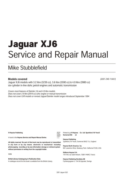 Jaguar Service and Repair Manuel du propriétaire XJ6