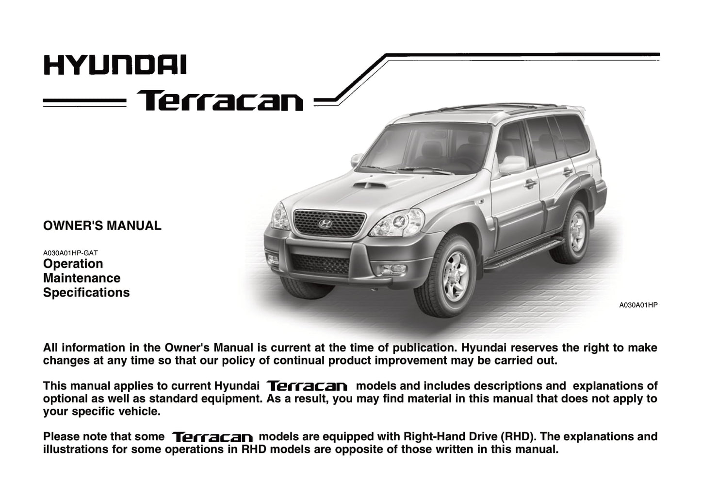 2004-2007 Hyundai Terracan Manuel du propriétaire | Anglais