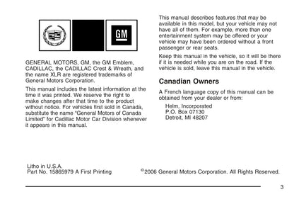 2007 Cadillac XLR/XLR-V Manuel du propriétaire | Anglais